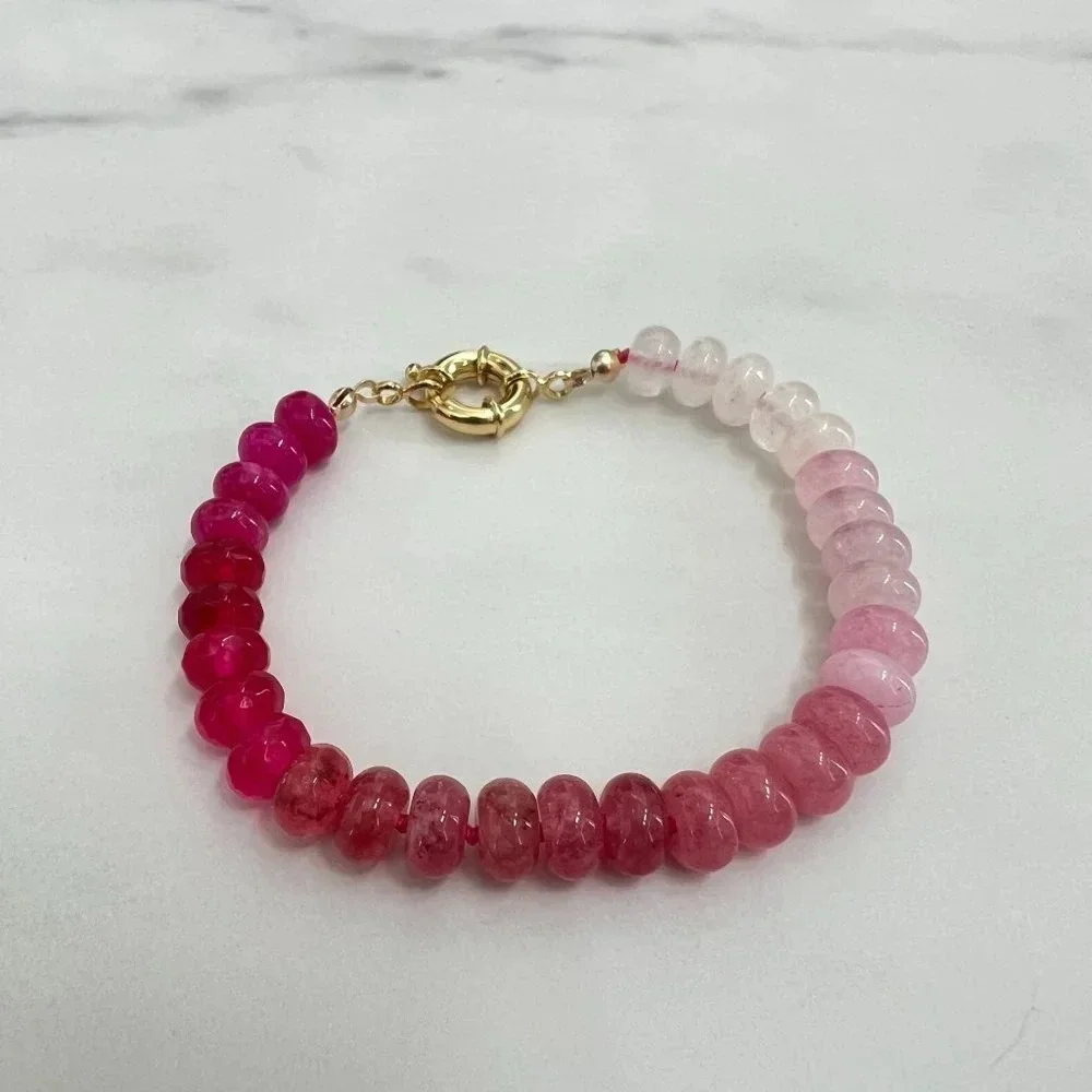 Ombre Pink Jade Gemstone Beaded Hand Knotted Bracelet Gold Filled Clasp
